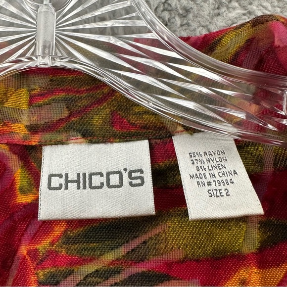 Chico's Long Sleeve Floral Button Up Linen Blend Tropical Artsty Red Women's 2 L - Picture 4 of 8